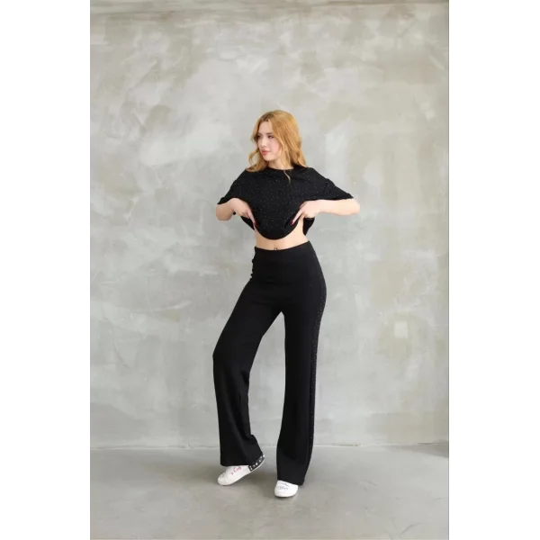 Osy Modal Yumuşak dokulu Kumaş Bisiklet Yaka Taş detaylı Kısa Kollu Takım - Siyah