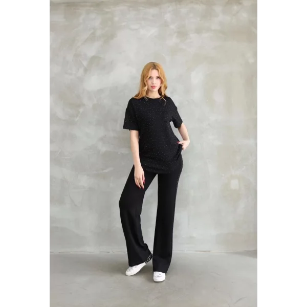 Osy Modal Yumuşak dokulu Kumaş Bisiklet Yaka Taş detaylı Kısa Kollu Takım - Siyah