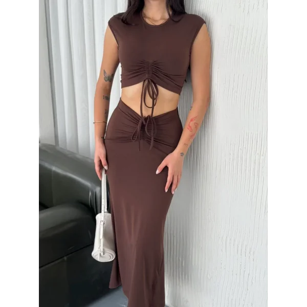 Osy Modal Yumuşak Dokulu Kumaş Büzgülü Crop Etek Takım -Kahverengi