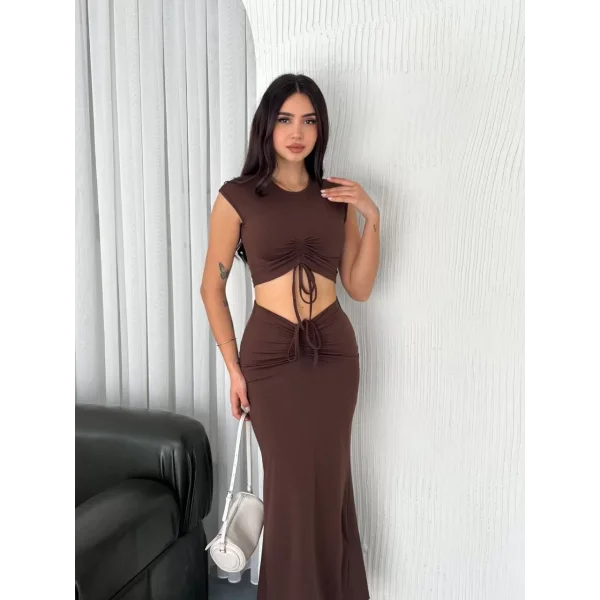 Osy Modal Yumuşak Dokulu Kumaş Büzgülü Crop Etek Takım -Kahverengi
