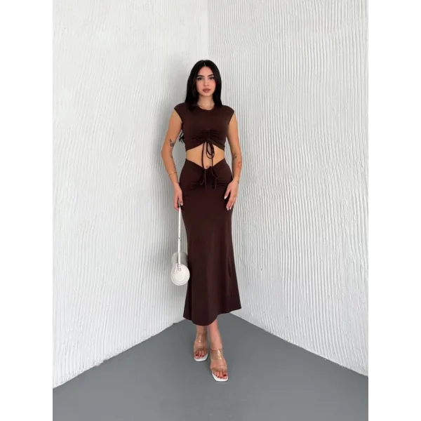 Osy Modal Yumuşak Dokulu Kumaş Büzgülü Crop Etek Takım -Kahverengi