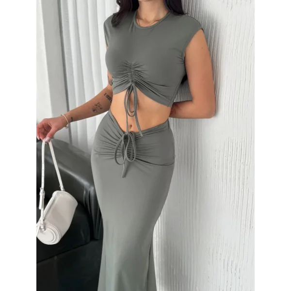 Osy Modal Yumuşak Dokulu Kumaş Büzgülü Crop Etek Takım - Mint yeşili