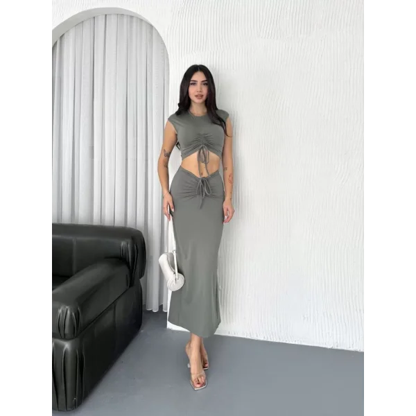 Osy Modal Yumuşak Dokulu Kumaş Büzgülü Crop Etek Takım - Mint yeşili