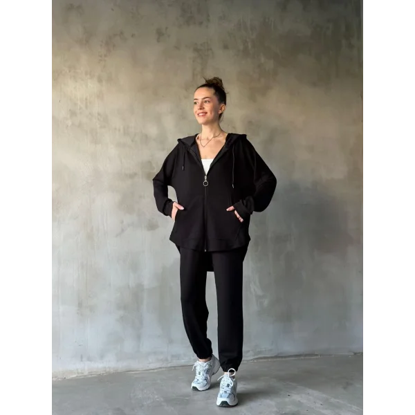 Osy Modal Yumuşak Dokulu Kumaş gogger Oval Kesim Kapüşonlu Fermuarlı Takım- Siyah