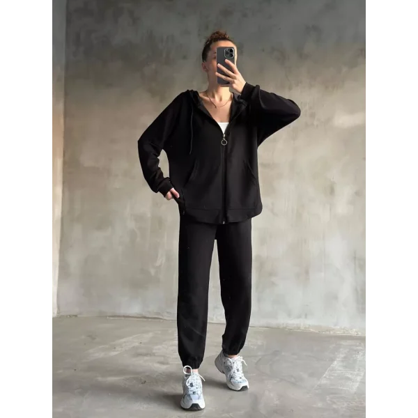 Osy Modal Yumuşak Dokulu Kumaş gogger Oval Kesim Kapüşonlu Fermuarlı Takım- Siyah