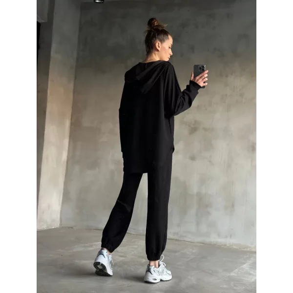 Osy Modal Yumuşak Dokulu Kumaş gogger Oval Kesim Kapüşonlu Fermuarlı Takım- Siyah