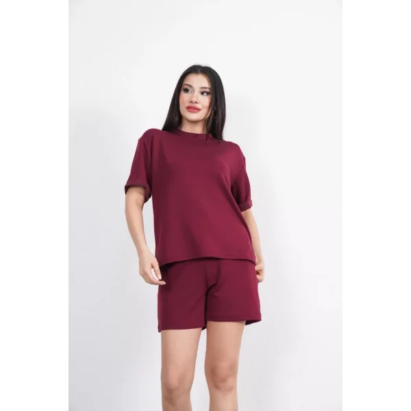 Osy Modal yumuşak dokulu Kumaş Kadın Bisiklet Yaka T-shirt Kısa Şort İkili Takım - Bordo