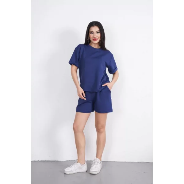 Osy Modal yumuşak dokulu Kumaş Kadın Bisiklet Yaka T-shirt Kısa Şort İkili Takım - Mavi