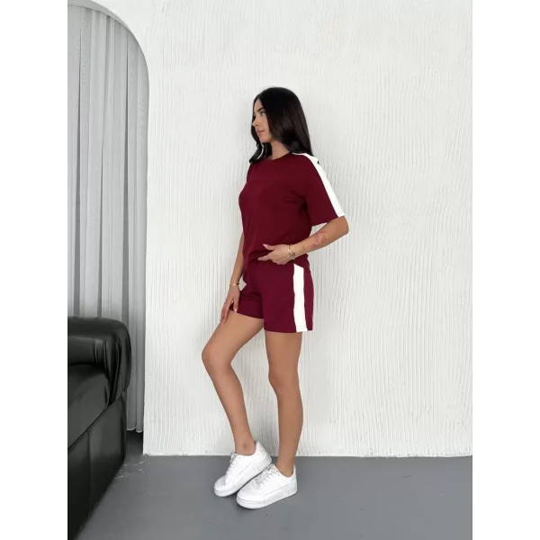 Osy Modal yumuşak dokulu Kumaş Kadın Parçalı Bisiklet Yaka T-shirt Kısa Şort İkili Takım - Bordo