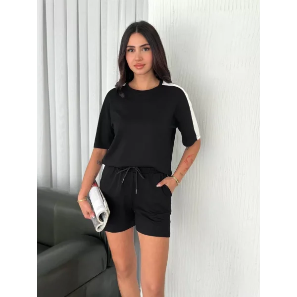 Osy Modal yumuşak dokulu Kumaş Kadın Parçalı Bisiklet Yaka T-shirt Kısa Şort İkili Takım - Siyah