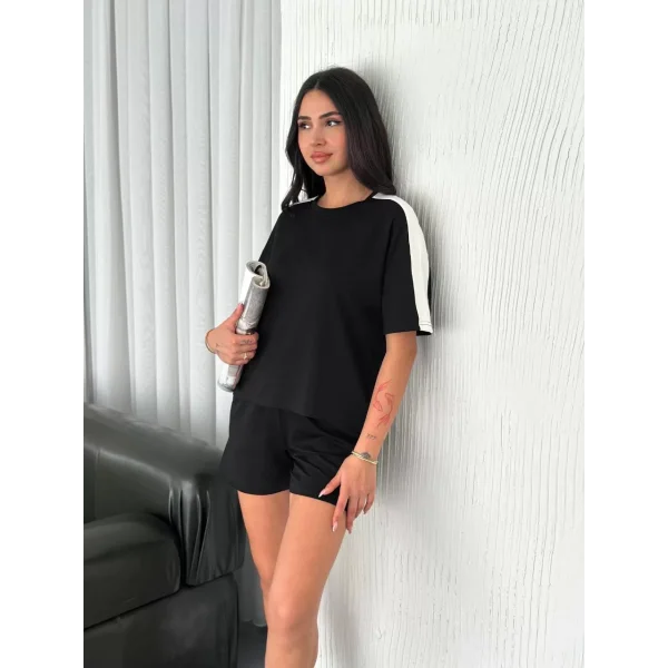 Osy Modal yumuşak dokulu Kumaş Kadın Parçalı Bisiklet Yaka T-shirt Kısa Şort İkili Takım - Siyah