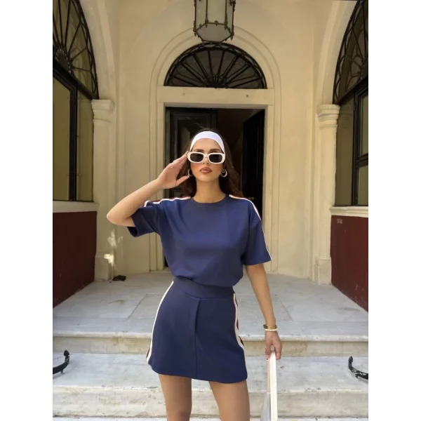 Osy Modal yumuşak dokulu Kumaş Kadın Parçalı Bisiklet Yaka T-shirt Mini Şortlu Etek İkili Takım -Lacivert