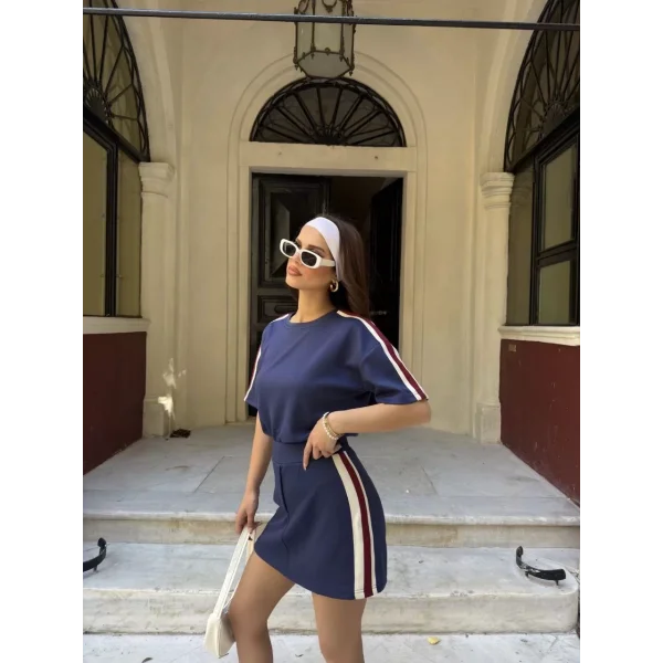 Osy Modal yumuşak dokulu Kumaş Kadın Parçalı Bisiklet Yaka T-shirt Mini Şortlu Etek İkili Takım -Lacivert