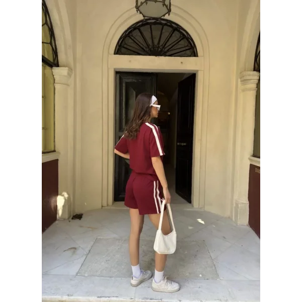 Osy Modal yumuşak dokulu Kumaş Kadın Parçalı Bisiklet Yaka T-shirt Mini Şortlu Etek İkili Takım -Bordo