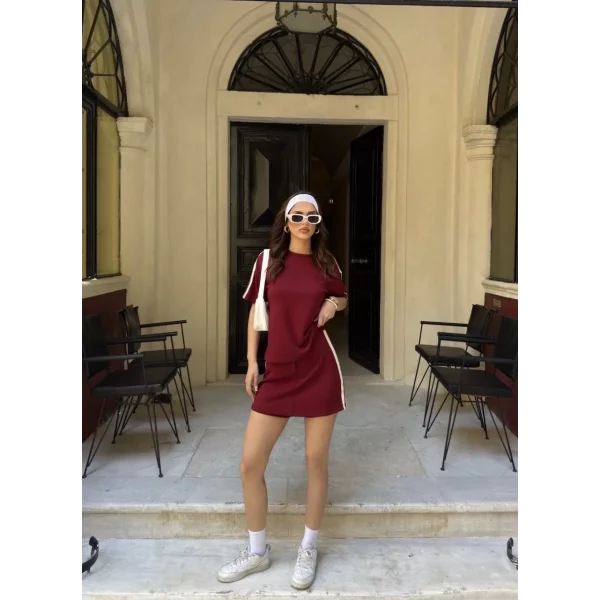 Osy Modal yumuşak dokulu Kumaş Kadın Parçalı Bisiklet Yaka T-shirt Mini Şortlu Etek İkili Takım -Bordo