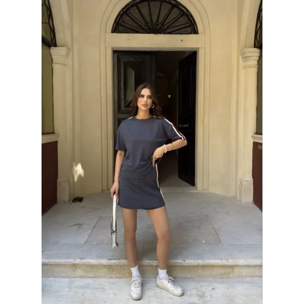 Osy Modal yumuşak dokulu Kumaş Kadın Parçalı Bisiklet Yaka T-shirt Mini Şortlu Etek İkili Takım - Füme