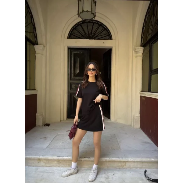 Osy Modal yumuşak dokulu Kumaş Kadın Parçalı Bisiklet Yaka T-shirt Mini Şortlu Etek İkili Takım - Siyah