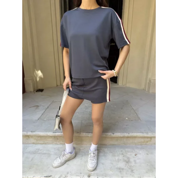 Osy Modal yumuşak dokulu Kumaş Kadın Parçalı Bisiklet Yaka T-shirt Mini Şortlu Etek İkili Takım - Füme