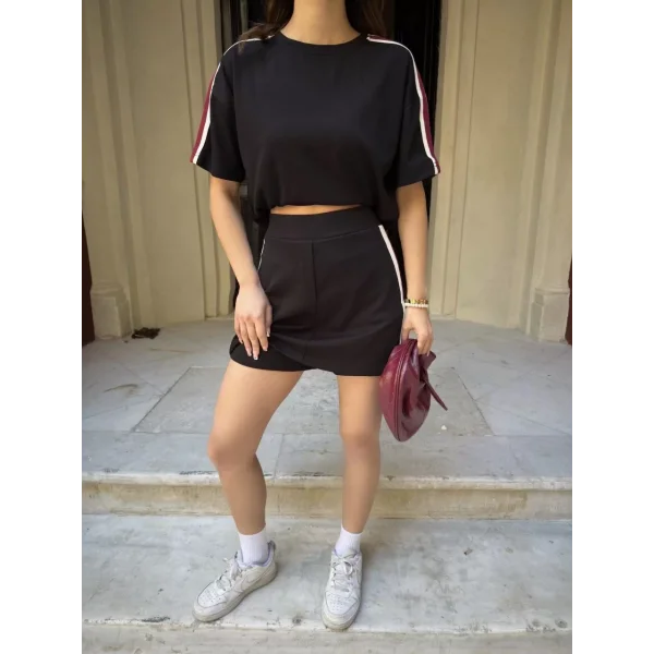 Osy Modal yumuşak dokulu Kumaş Kadın Parçalı Bisiklet Yaka T-shirt Mini Şortlu Etek İkili Takım - Siyah