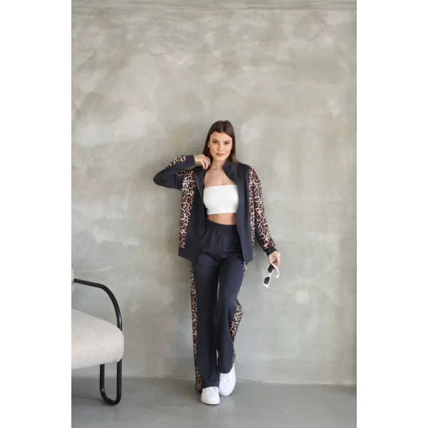 Osy Modal Yumuşak Dokulu Kumaş  Kapüşonlu Leopar Desenli Fermuarlı Takım - Antrasit