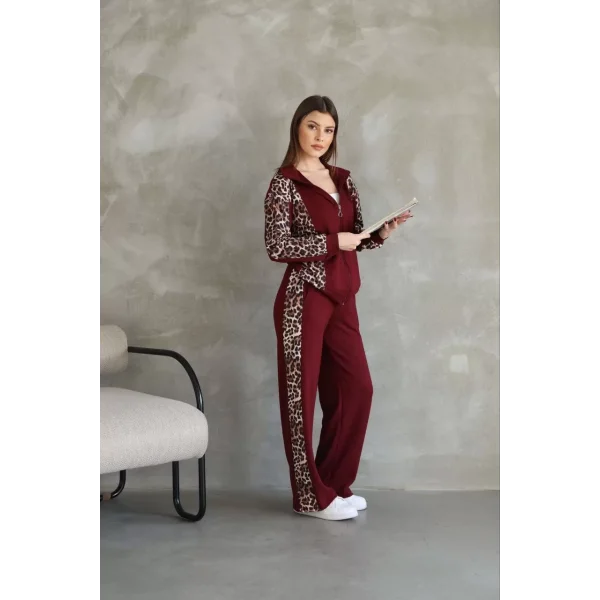 Osy Modal Yumuşak Dokulu Kumaş Kapüşonlu Leopar Desenli Fermuarlı Takım - Bordo