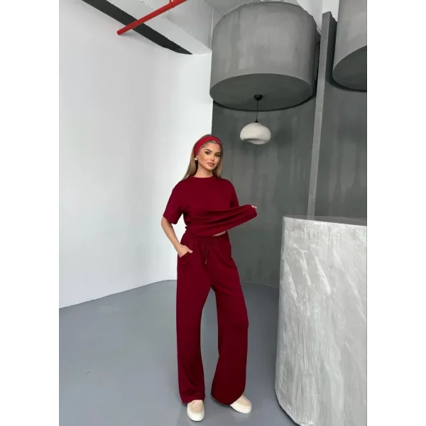 Osy Modal Yumuşak Dokulu Kumaş   Kısa Kollu Bluz Rahat Pantalon ikili Takım- Bordo