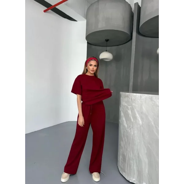 Osy Modal Yumuşak Dokulu Kumaş   Kısa Kollu Bluz Rahat Pantalon ikili Takım- Bordo