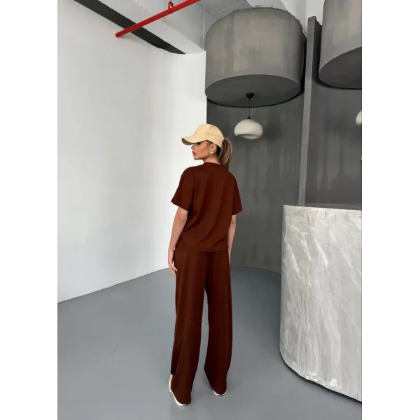 Osy Modal Yumuşak Dokulu Kumaş   Kısa Kollu Bluz Rahat Pantalon ikili Takım- Bordo