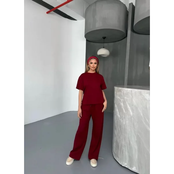 Osy Modal Yumuşak Dokulu Kumaş   Kısa Kollu Bluz Rahat Pantalon ikili Takım- Bordo