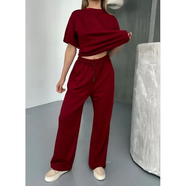 Osy Modal Yumuşak Dokulu Kumaş   Kısa Kollu Bluz Rahat Pantalon ikili Takım- Bordo