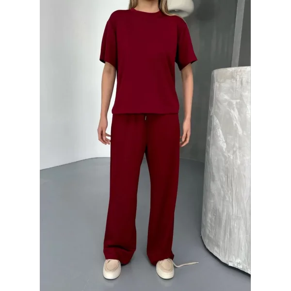 Osy Modal Yumuşak Dokulu Kumaş   Kısa Kollu Bluz Rahat Pantalon ikili Takım- Bordo
