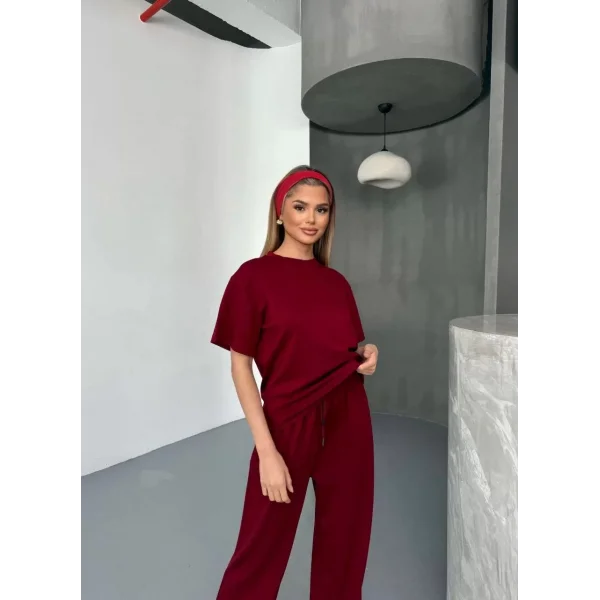 Osy Modal Yumuşak Dokulu Kumaş   Kısa Kollu Bluz Rahat Pantalon ikili Takım- Bordo