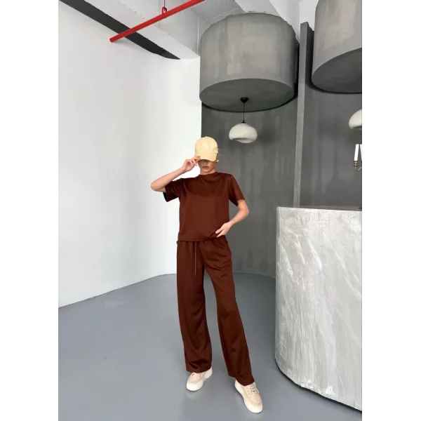 Osy Modal Yumuşak Dokulu Kumaş   Kısa Kollu Bluz Rahat Pantalon ikili Takım- Bordo