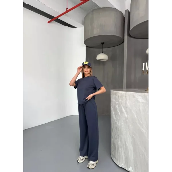 Osy Modal Yumuşak Dokulu Kumaş Kısa Kollu Bluz Rahat Pantalon ikili Takım- Füme