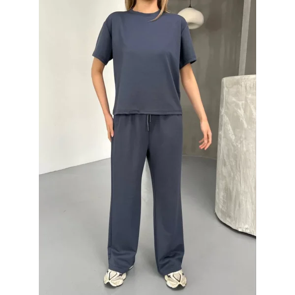 Osy Modal Yumuşak Dokulu Kumaş Kısa Kollu Bluz Rahat Pantalon ikili Takım- Füme