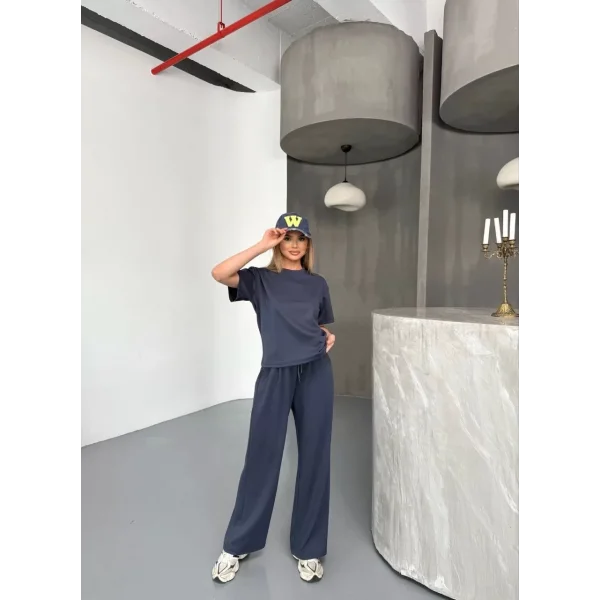 Osy Modal Yumuşak Dokulu Kumaş Kısa Kollu Bluz Rahat Pantalon ikili Takım- Füme