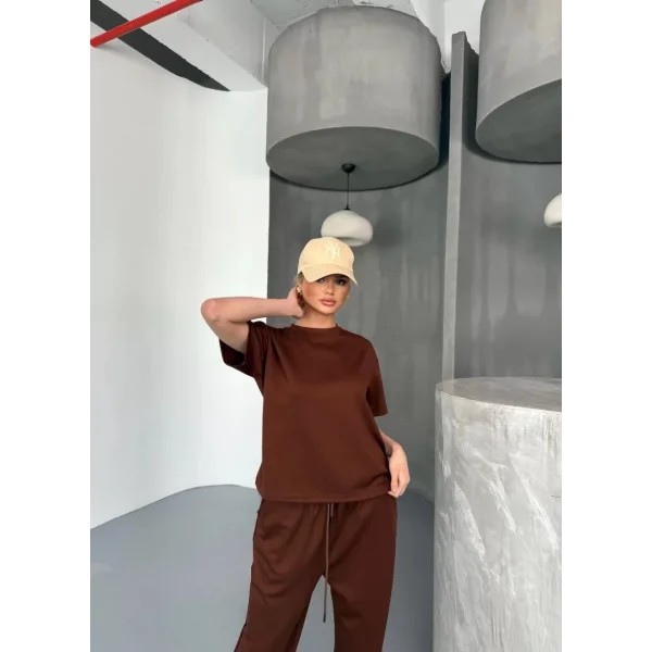 Osy Modal Yumuşak Dokulu Kumaş Kısa Kollu Bluz Rahat Pantalon ikili Takım- Kahverengi