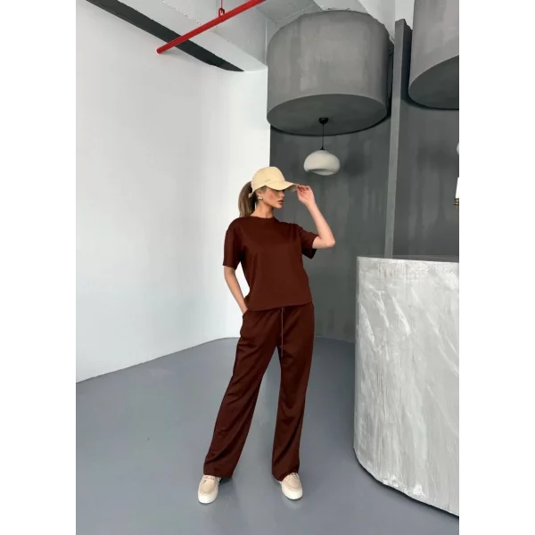 Osy Modal Yumuşak Dokulu Kumaş Kısa Kollu Bluz Rahat Pantalon ikili Takım- Kahverengi
