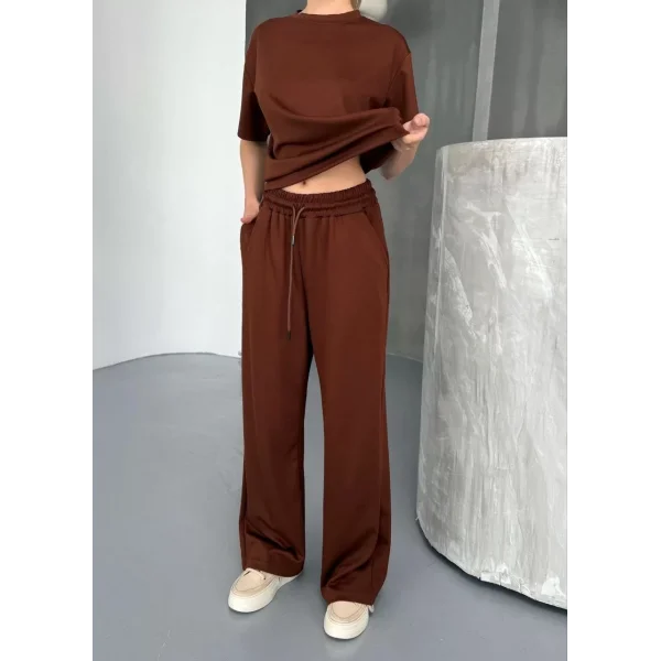 Osy Modal Yumuşak Dokulu Kumaş Kısa Kollu Bluz Rahat Pantalon ikili Takım- Kahverengi