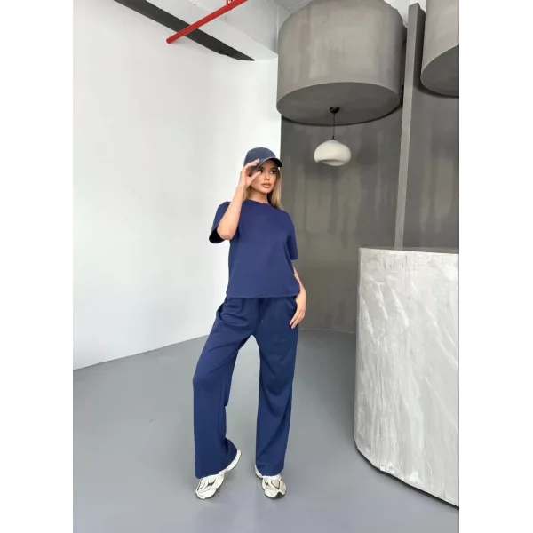 Osy Modal Yumuşak Dokulu Kumaş Kısa Kollu Bluz Rahat Pantalon ikili Takım- Lacivert