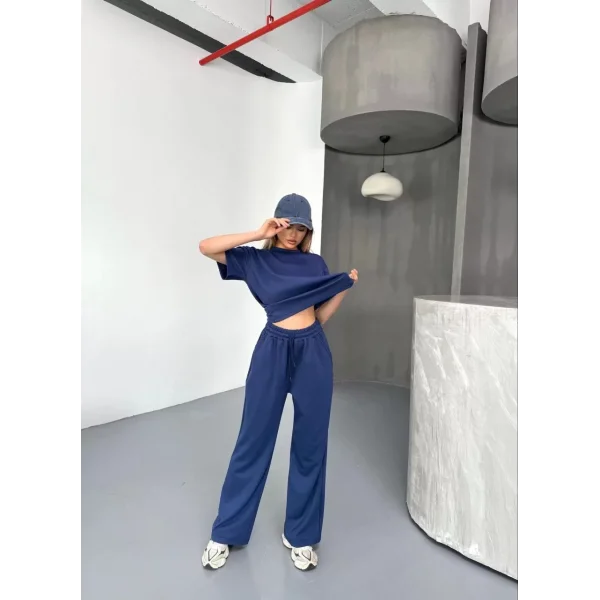 Osy Modal Yumuşak Dokulu Kumaş Kısa Kollu Bluz Rahat Pantalon ikili Takım- Lacivert