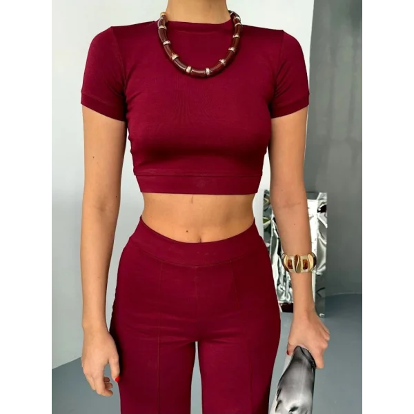 Osy Modal Yumuşak Dokulu Kumaş Kısa Kollu Crop Alt Ispanyol Paça Pantalon Ikili Takım - Bordo