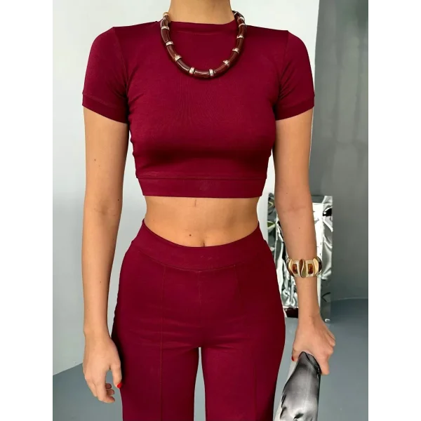 Osy Modal Yumuşak Dokulu Kumaş Kısa Kollu Crop Alt ispanyol Paça Pantalon ikili Takım - Bordo