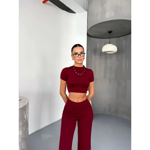 Osy Modal Yumuşak Dokulu Kumaş Kısa Kollu Crop Alt ispanyol Paça Pantalon ikili Takım - Bordo