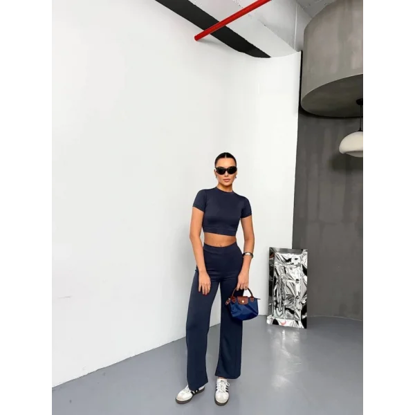 Osy Modal Yumuşak Dokulu Kumaş Kısa Kollu Crop Alt Ispanyol Paça Pantalon Ikili Takım - Füme