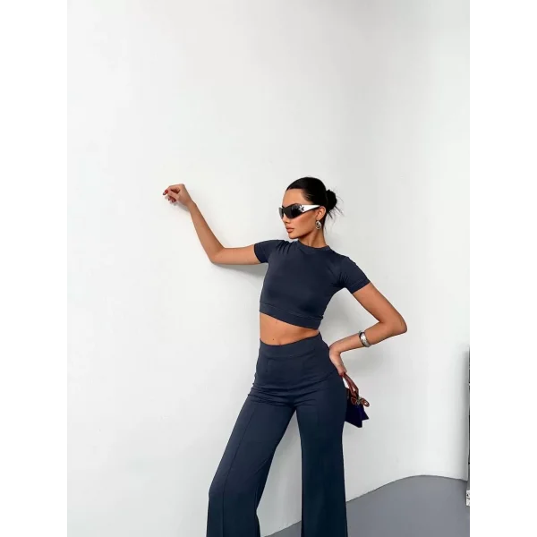 Osy Modal Yumuşak Dokulu Kumaş Kısa Kollu Crop Alt ispanyol Paça Pantalon ikili Takım - Füme