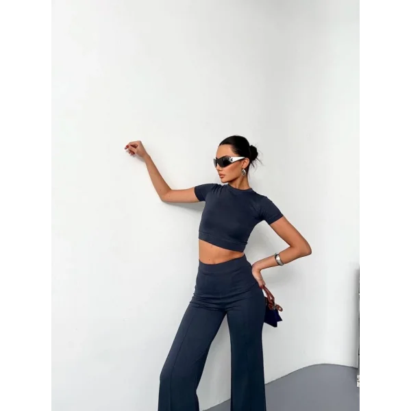 Osy Modal Yumuşak Dokulu Kumaş Kısa Kollu Crop Alt Ispanyol Paça Pantalon Ikili Takım - Füme