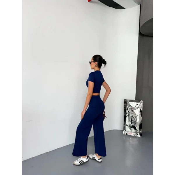 Osy Modal Yumuşak Dokulu Kumaş Kısa Kollu Crop Alt Ispanyol Paça Pantalon Ikili Takım - Lacivert