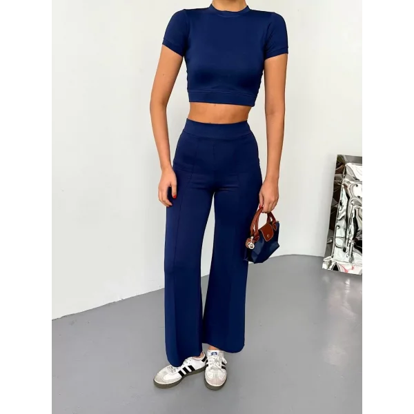 Osy Modal Yumuşak Dokulu Kumaş Kısa Kollu Crop Alt ispanyol Paça Pantalon ikili Takım - Lacivert