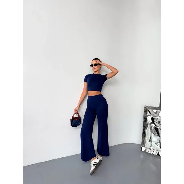 Osy Modal Yumuşak Dokulu Kumaş Kısa Kollu Crop Alt ispanyol Paça Pantalon ikili Takım - Lacivert